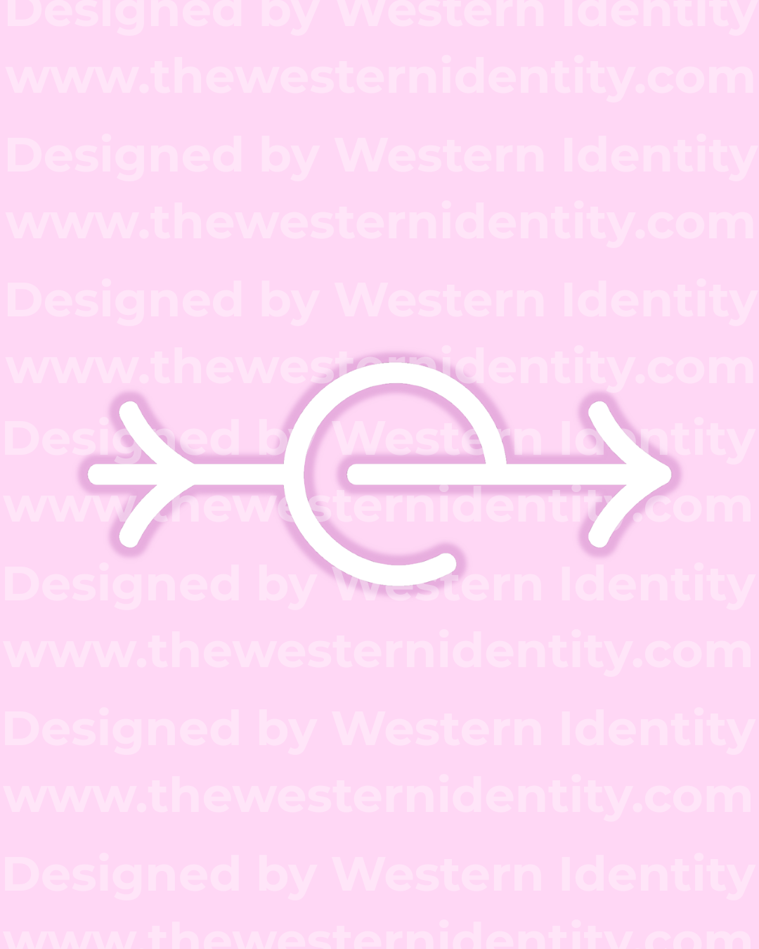 White arrow themed geometric cattle hot brand / horse freeze brand design on a pink background with a 'Western Identity' watermark and signature pink branding. Western logo depicting a lowercase e and traditional arrow brand symbol.