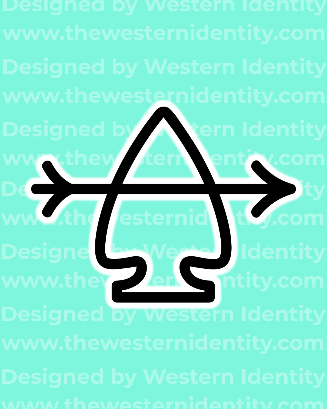 arrowhead  symbol with an arrow on a blue background with 'Western Identity' text.. Suitable for freeze branding horses or as western business / farm / ranch logo or submark.