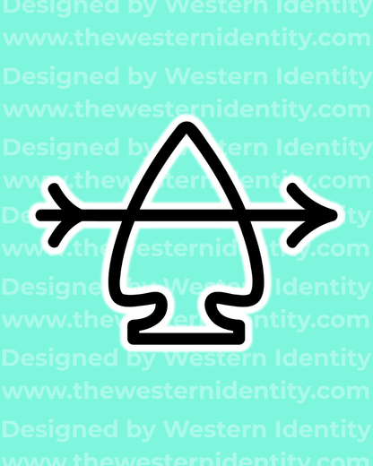 arrowhead  symbol with an arrow on a blue background with 'Western Identity' text.. Suitable for freeze branding horses or as western business / farm / ranch logo or submark.