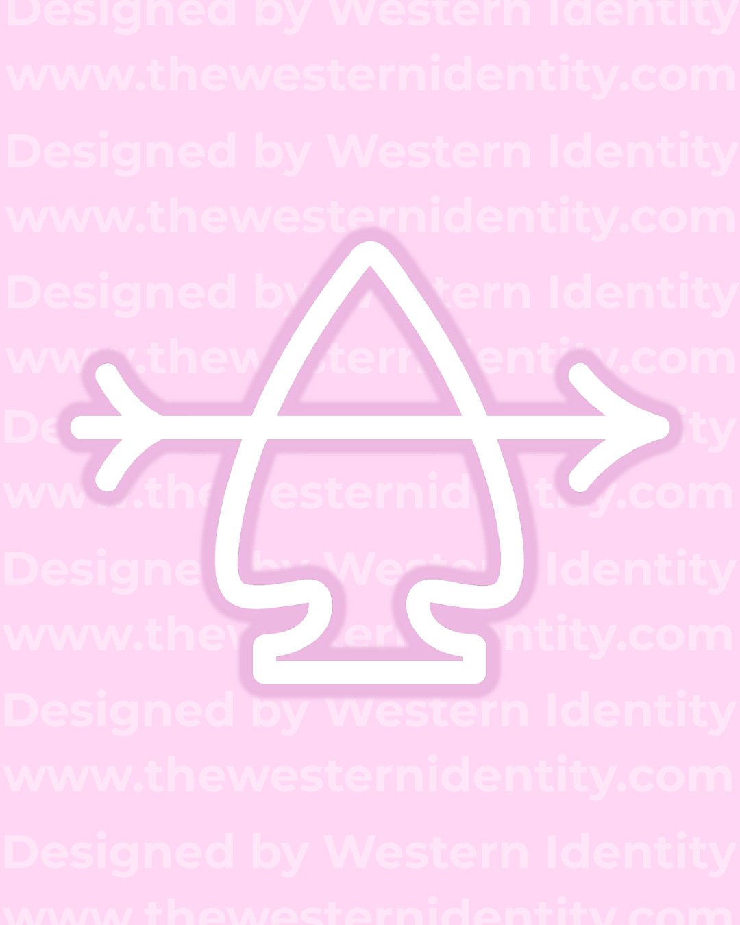 arrowhead  symbol with an arrow on a pink background with 'Western Identity' text.. Suitable for freeze branding horses or as western business / farm / ranch logo or submark.