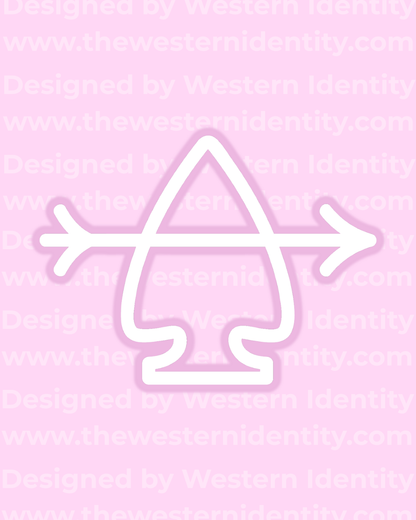 arrowhead  symbol with an arrow on a pink background with 'Western Identity' text.. Suitable for freeze branding horses or as western business / farm / ranch logo or submark.