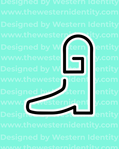 White G boot or shoe outline on a turquoise background with 'Western Identity' text. Modern style livestock brand suitable for horses or western business logo for ranch branding or ranch mark. 