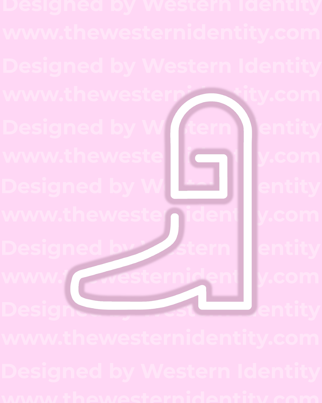 White G boot outline on a pink background with 'Western Identity' text. Modern style livestock brand suitable for horses or western business logo for ranch branding. 