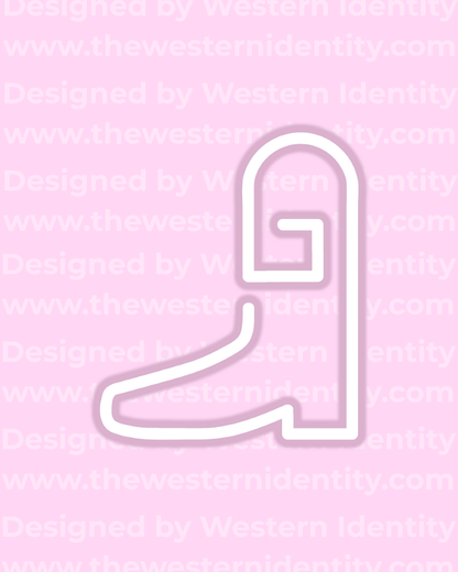 White G boot outline on a pink background with 'Western Identity' text. Modern style livestock brand suitable for horses or western business logo for ranch branding. 