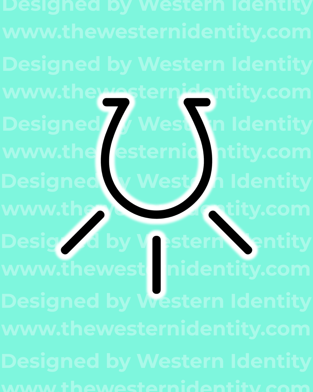 Horseshoe rising  /shining design on a teal background with 'Western Identity' branding. suitable as a traditional brand for horses or cattle. Freeze brand or hot brand. 