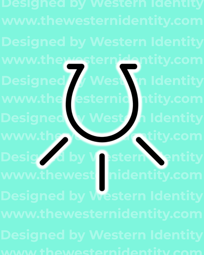 Horseshoe rising  /shining design on a teal background with 'Western Identity' branding. suitable as a traditional brand for horses or cattle. Freeze brand or hot brand. 