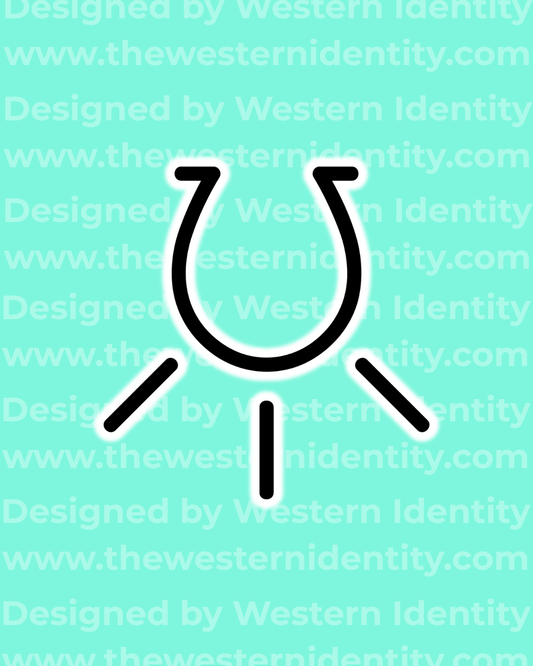 Horseshoe rising  /shining design on a teal background with 'Western Identity' branding. suitable as a traditional brand for horses or cattle. Freeze brand or hot brand. 