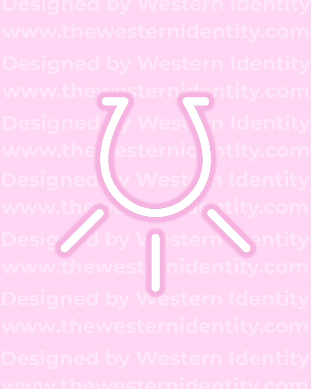 Horseshoe rising  /shining design on a pink background with 'Western Identity' branding. suitable as a traditional brand for horses or cattle. Freeze brand or hot brand. 