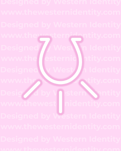 Horseshoe rising  /shining design on a pink background with 'Western Identity' branding. suitable as a traditional brand for horses or cattle. Freeze brand or hot brand. 