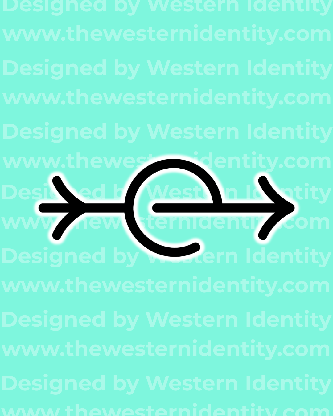 arrow themed geometric cattle hot brand / horse freeze brand design on a blue background with a 'Western Identity' watermark and signature pink branding. Western logo depicting a lowercase e and traditional arrow brand symbol. 