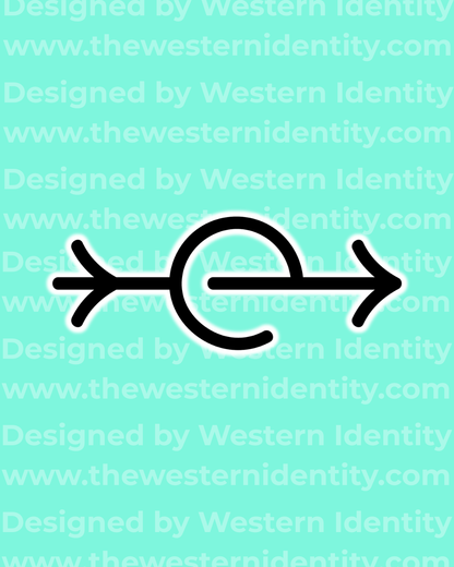 arrow themed geometric cattle hot brand / horse freeze brand design on a blue background with a 'Western Identity' watermark and signature pink branding. Western logo depicting a lowercase e and traditional arrow brand symbol. 
