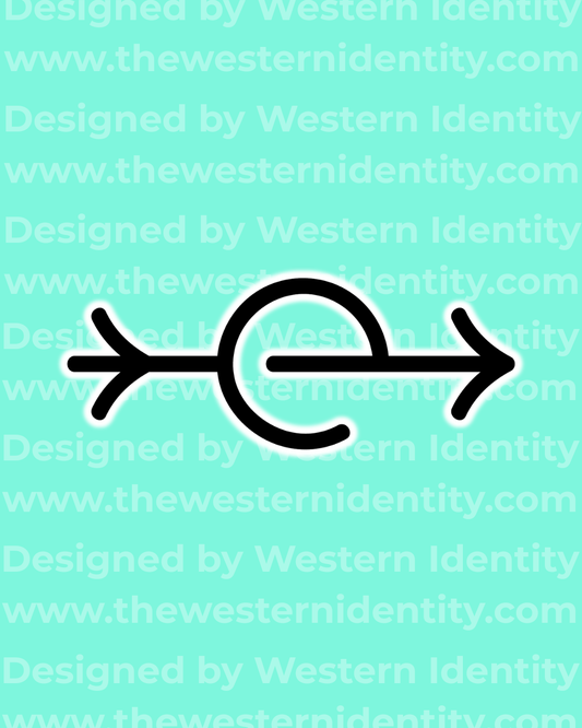 arrow themed geometric cattle hot brand / horse freeze brand design on a blue background with a 'Western Identity' watermark and signature pink branding. Western logo depicting a lowercase e and traditional arrow brand symbol. 