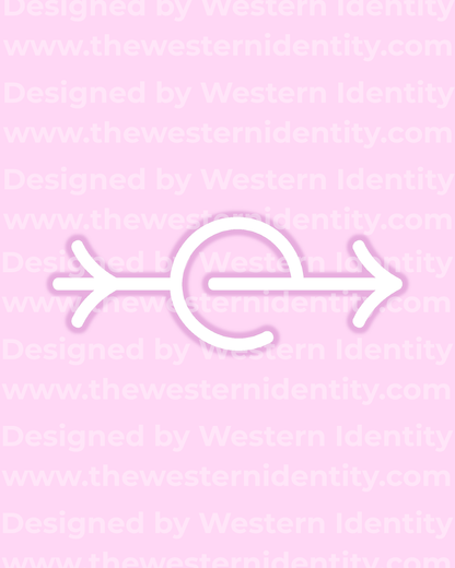 White arrow themed geometric cattle hot brand / horse freeze brand design on a pink background with a 'Western Identity' watermark and signature pink branding. Western logo depicting a lowercase e and traditional arrow brand symbol. 