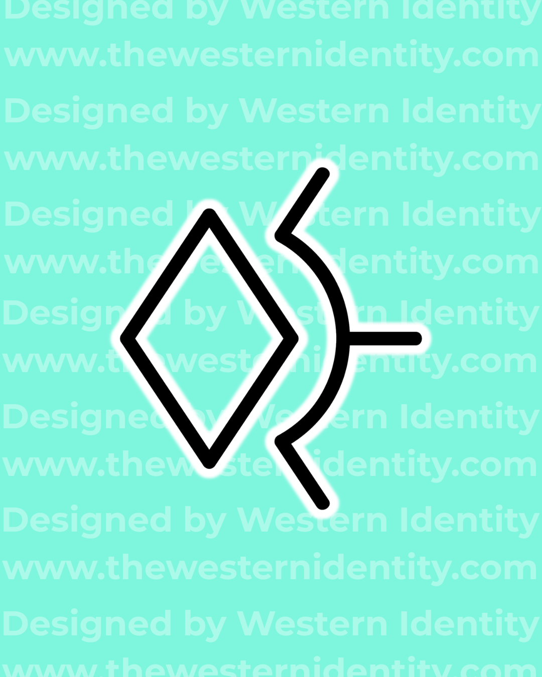White geometric cattle brand / horse freeze brand design on a pink background with a 'Western Identity' watermark and signature turquoise branding. Western logo depicting a diamond and sunburst, or rising, symbol. 