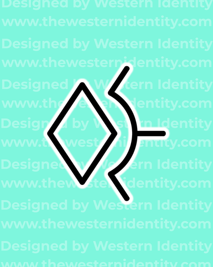 White geometric cattle brand / horse freeze brand design on a pink background with a 'Western Identity' watermark and signature turquoise branding. Western logo depicting a diamond and sunburst, or rising, symbol. 