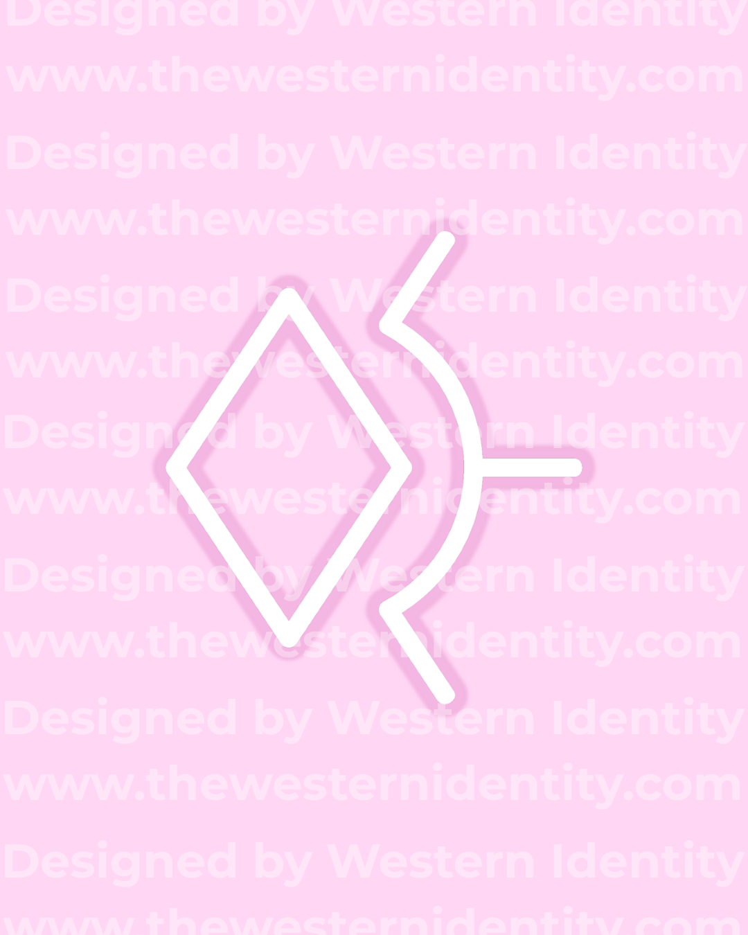White geometric cattle brand / horse freeze brand design on a pink background with a 'Western Identity' watermark and signature pink branding. Western logo depicting a diamond and sunburst, or rising, symbol. 