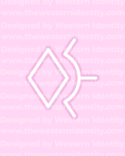 White geometric cattle brand / horse freeze brand design on a pink background with a 'Western Identity' watermark and signature pink branding. Western logo depicting a diamond and sunburst, or rising, symbol. 