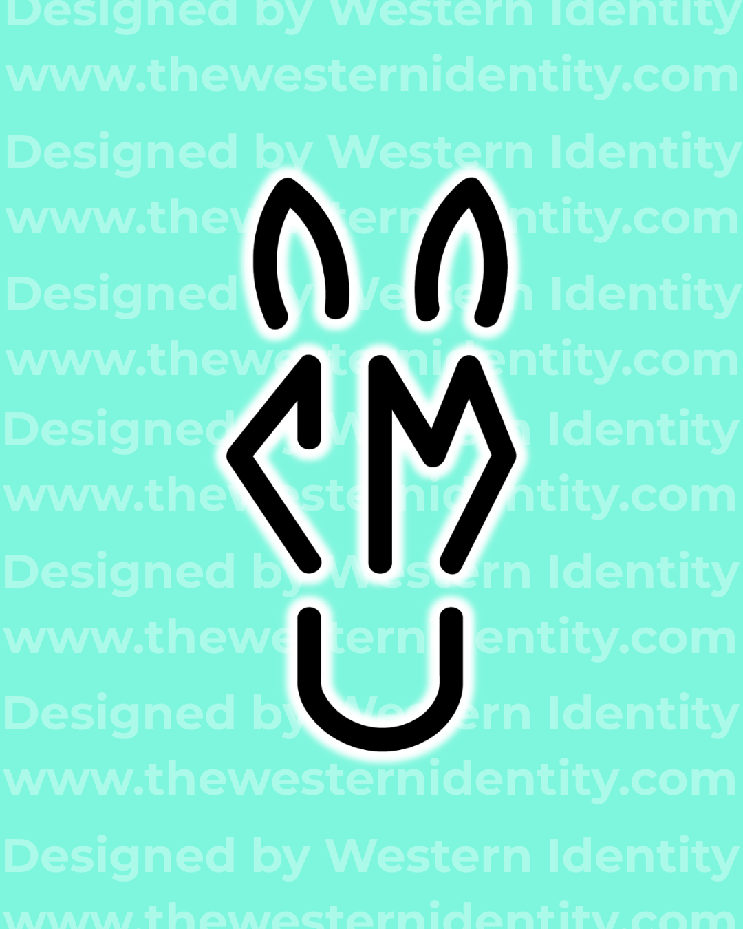 Creative horse head themed livestock, cattle, and horse brand / logo on a turquoise background with 'Western Identity' watermarked text. Western logo depicting a pony head with perked ears and the letters CM (and maybe U)
