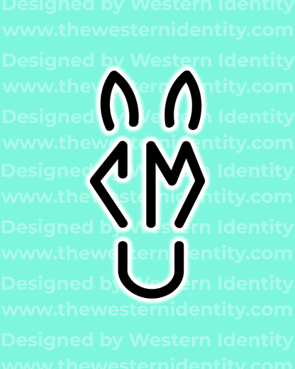 Creative horse head themed livestock, cattle, and horse brand / logo on a turquoise background with 'Western Identity' watermarked text. Western logo depicting a pony head with perked ears and the letters CM (and maybe U)