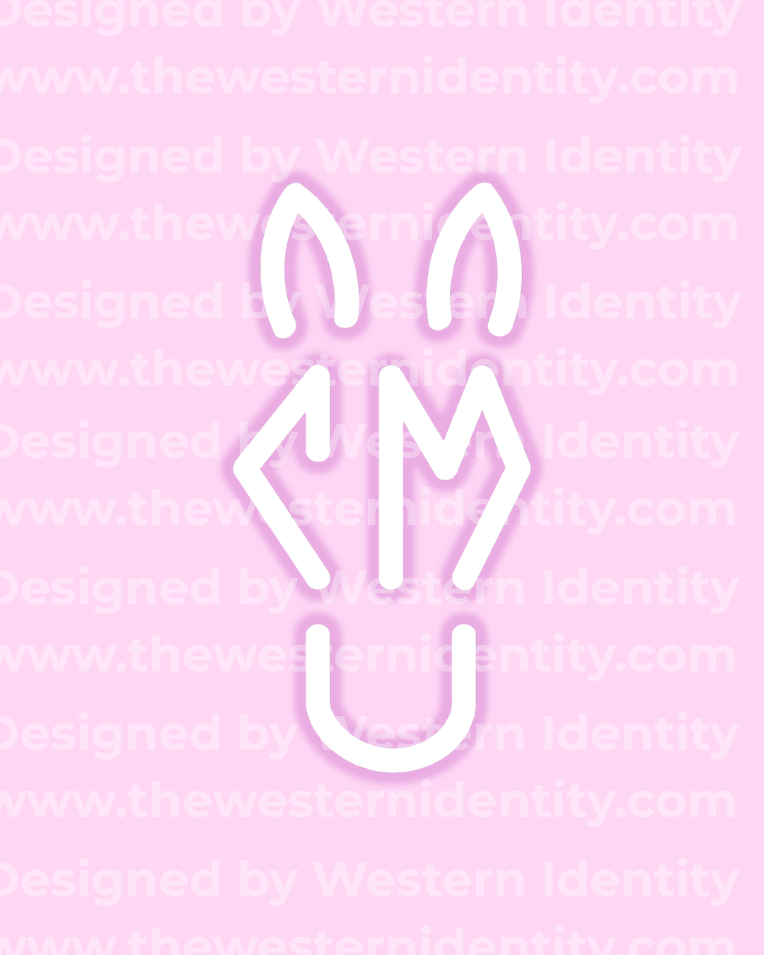 White Horse head themed livestock, cattle, and horse brand / logo on a pink background with 'Western Identity' watermarked text. Western logo depicting a pony head with perked ears and the letters CM (and maybe U)