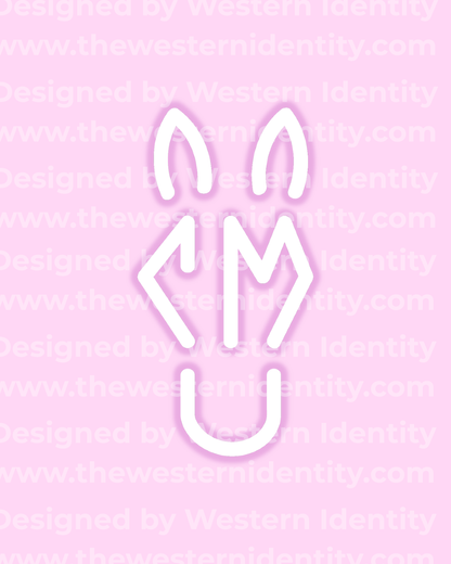 White Horse head themed livestock, cattle, and horse brand / logo on a pink background with 'Western Identity' watermarked text. Western logo depicting a pony head with perked ears and the letters CM (and maybe U)