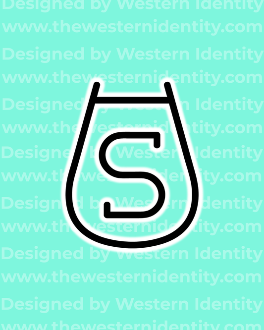 Western Cattle Brand, Horse Brand, Livestock Brand / Logo with a stylized 'S' in a Stirrup on a teal background with a Western Identity Brand Design watermark.