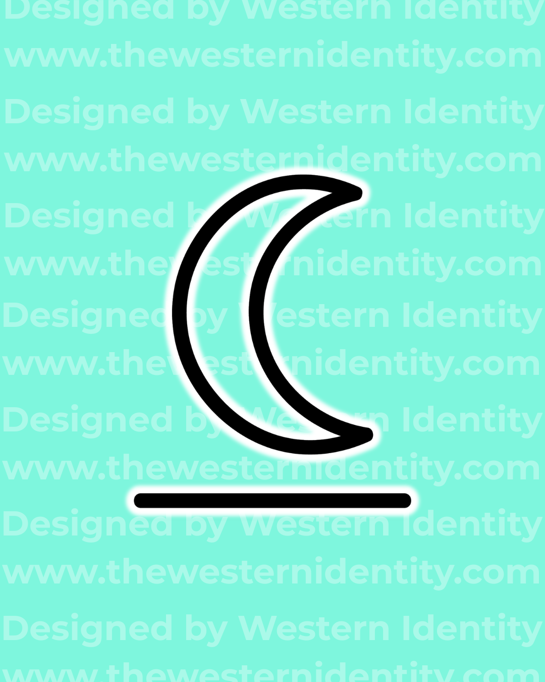 Black crescent moon bar themed livestock brand, cattle brand, and horse brand / logo on a pink background with 'Western Identity' watermarked text.