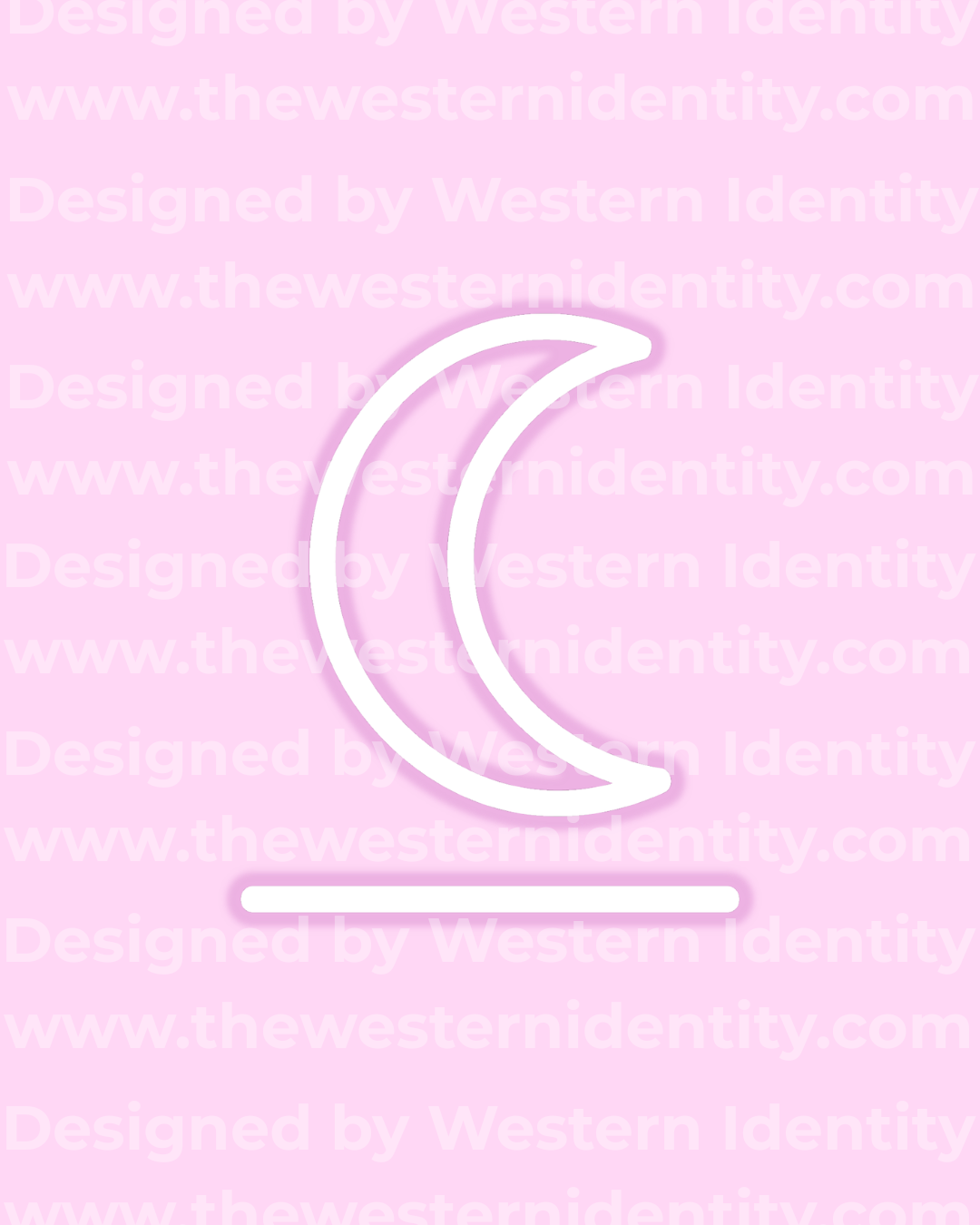 White crescent moon bar themed livestock, cattle, and horse brand / logo on a pink background with 'Western Identity' watermarked text.
