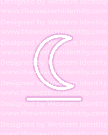 White crescent moon bar themed livestock, cattle, and horse brand / logo on a pink background with 'Western Identity' watermarked text.
