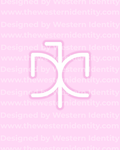White bird themed livestock, cattle, and horse brand / logo on a pink background with 'Western Identity' watermarked text.