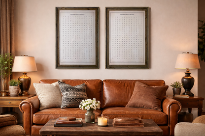 Western styled living room with brown leather sofa, decorative pillows, and wood framed artwork on the wall featuring Volume 1 and Volume 2 of the Western Identity Brand Design Archives.