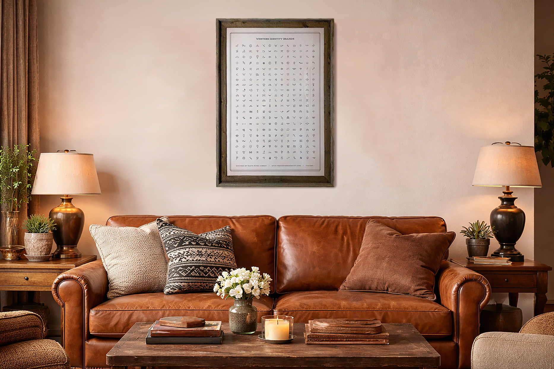 Western styled living room with brown leather sofa, decorative pillows, and wood framed artwork on the wall featuring Volume 1 of the Western Identity Brand Design Archives.