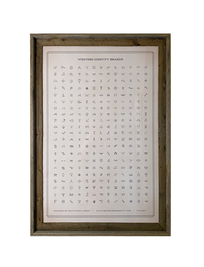 Barnwood framed poster print with 273 Western Identity Brand designs on a rustic off-white background. This image shows Volume 1 of the Western Identity Brand Design Archives.