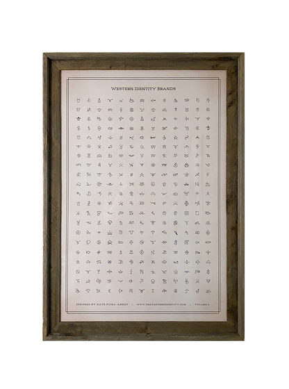Barnwood framed poster print with 273 Western Identity Brand designs on a rustic off-white background. This image shows Volume 1 of the Western Identity Brand Design Archives.